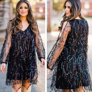 Southern Fried Chics black rainbow sequin shimmy dress fringe iridescent large L